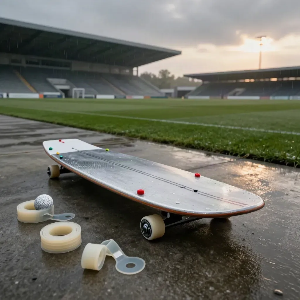 Rain-slick pitch-side league board, markers, balls and fixture sleeves beside a stadium stand at dusk.
