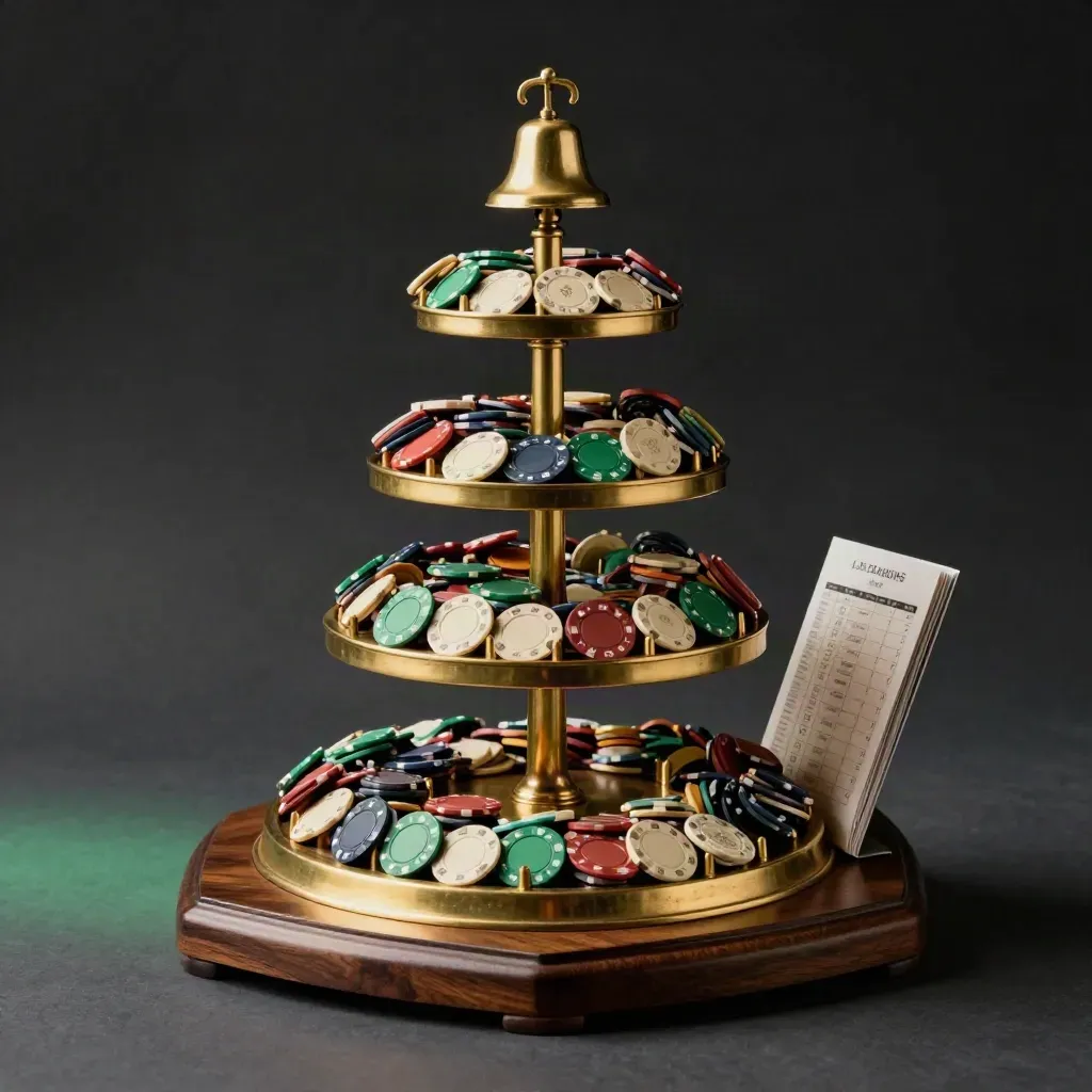 Brass standings rack with coloured chips and a small bell as the final chip clicks into place