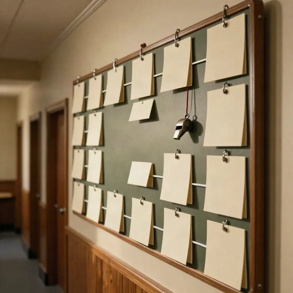 Low-angle playoff bracket frame with folded tags, whistle, and face-down notes in a clubhouse corridor