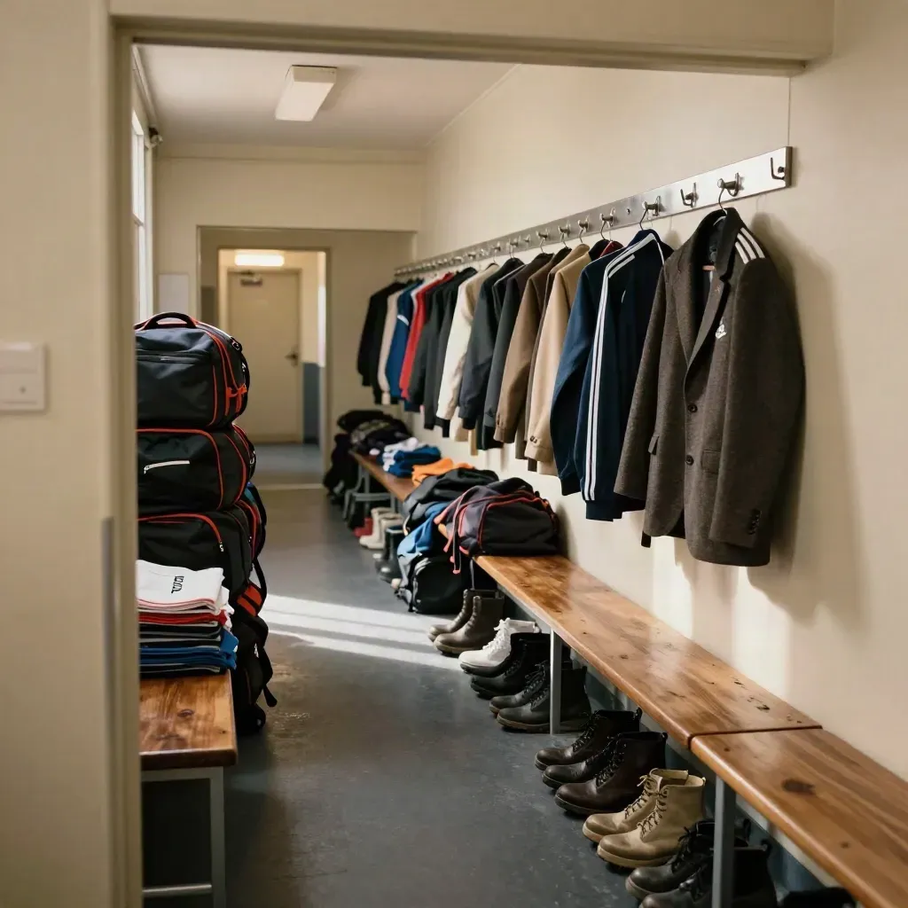 Clubhouse corridor with stacked kits, boot bench and hooks in warm late-afternoon light.