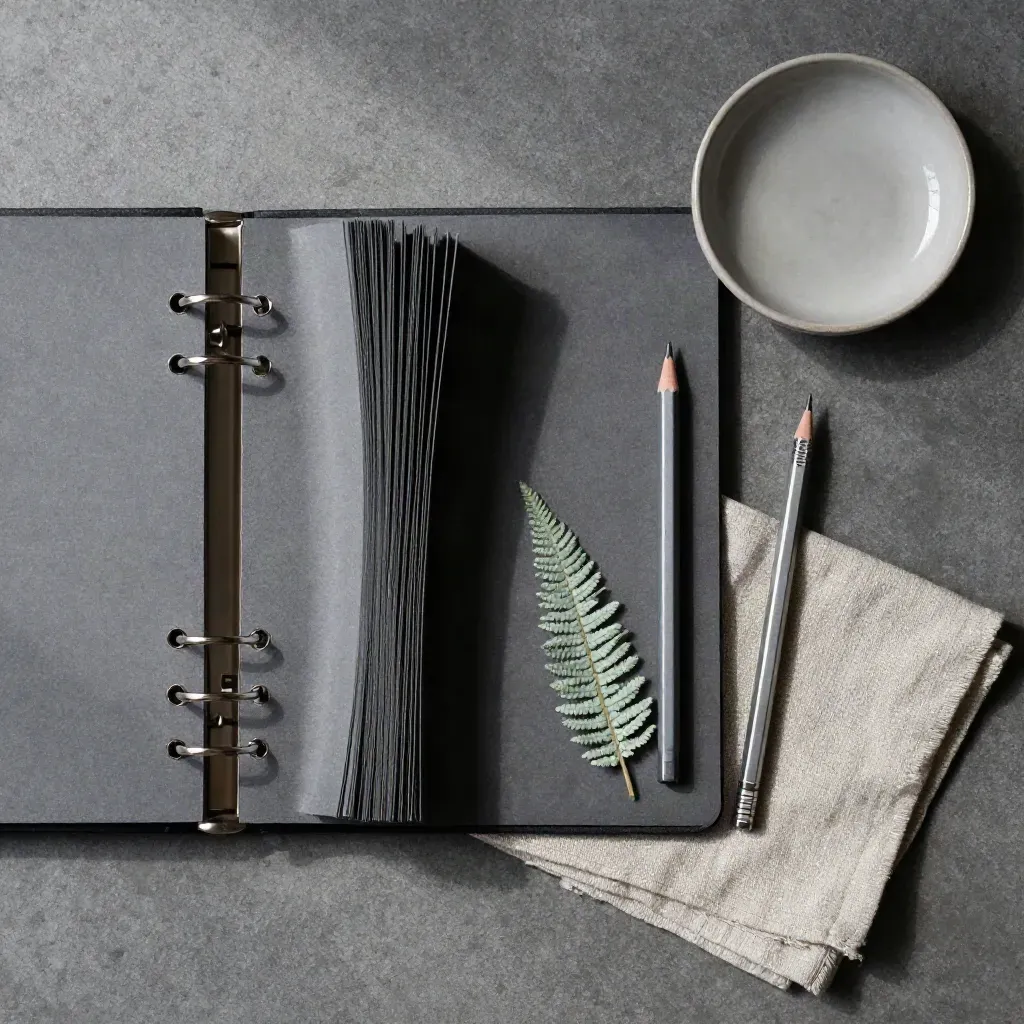 Flatlay of a ring binder with tabs, pencil, fern, linen and ceramic dish on concrete.